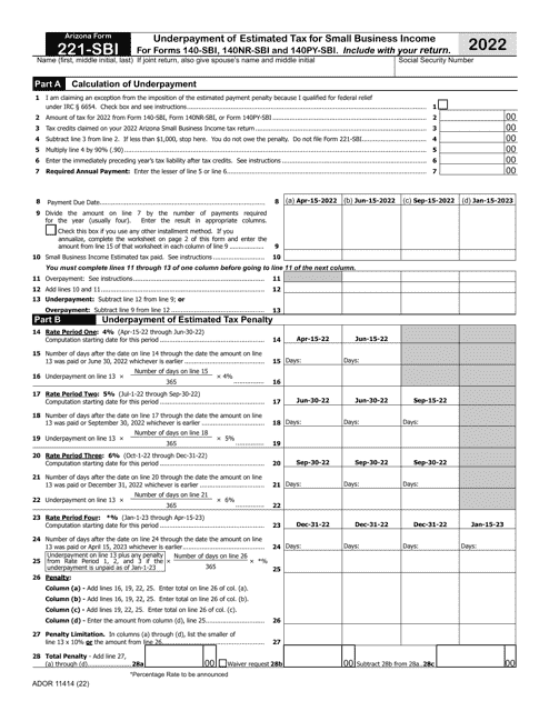 Arizona Form 221-SBI (ADOR11414) 2022 Printable Pdf