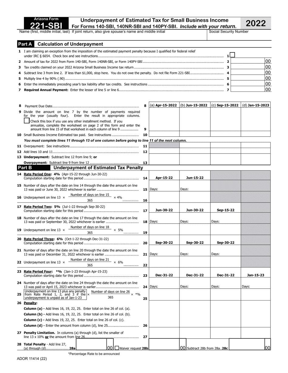 Arizona Form 221-SBI (ADOR11414) Underpayment of Estimated Tax for Small Business Income - Arizona, Page 1