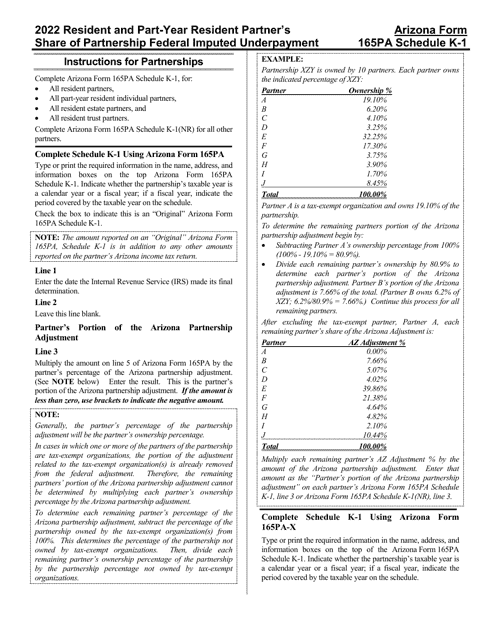 Arizona Form 165PA, ADOR11292 Schedule K-1 2022 Printable Pdf