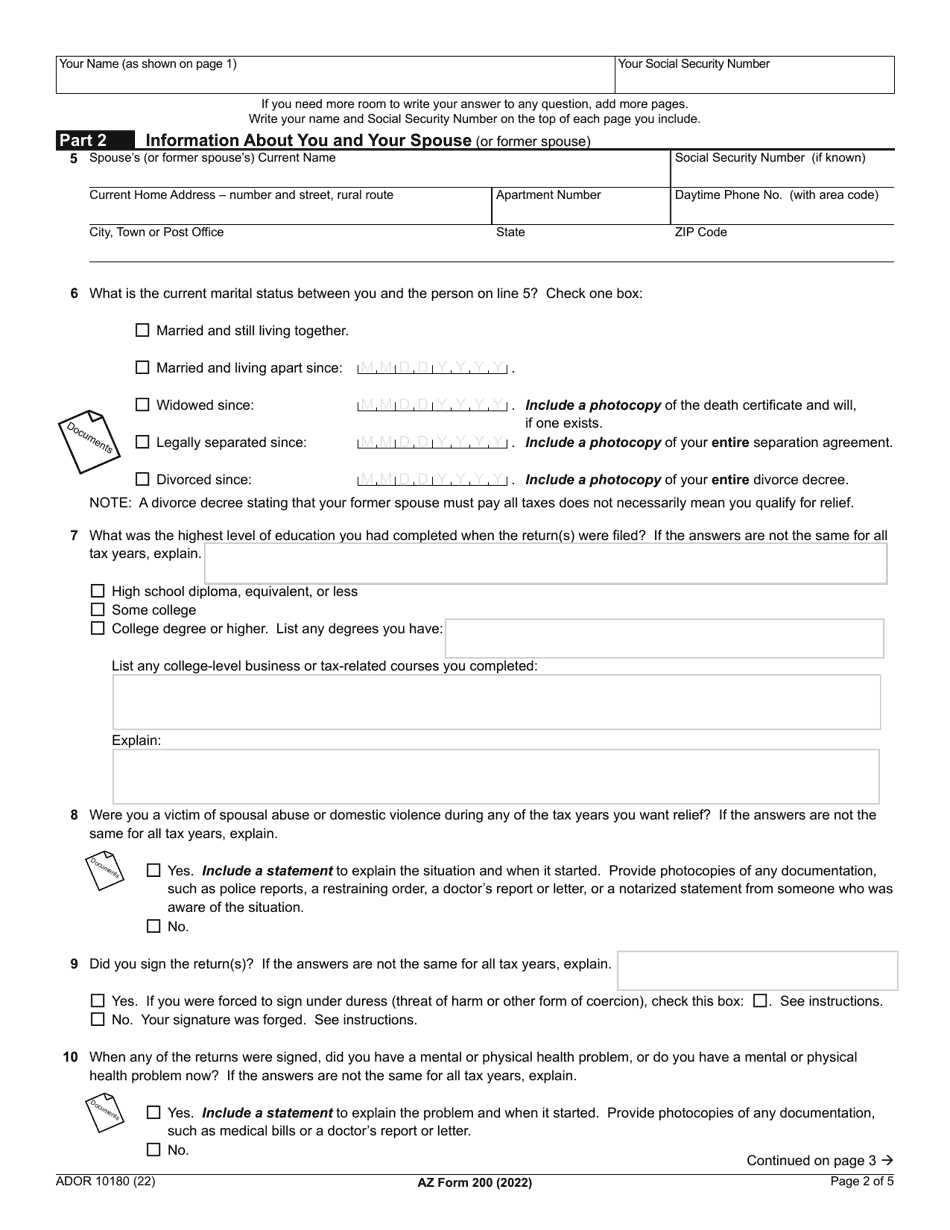 Arizona Form 200 (ADOR10180) Request for Innocent Spouse Relief and Separation of Liability and Equitable Relief - Arizona, Page 2