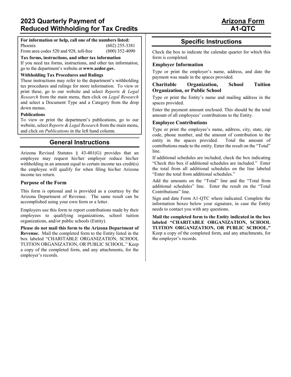 Download Instructions for Arizona Form A1QTC, ADOR10762 Quarterly