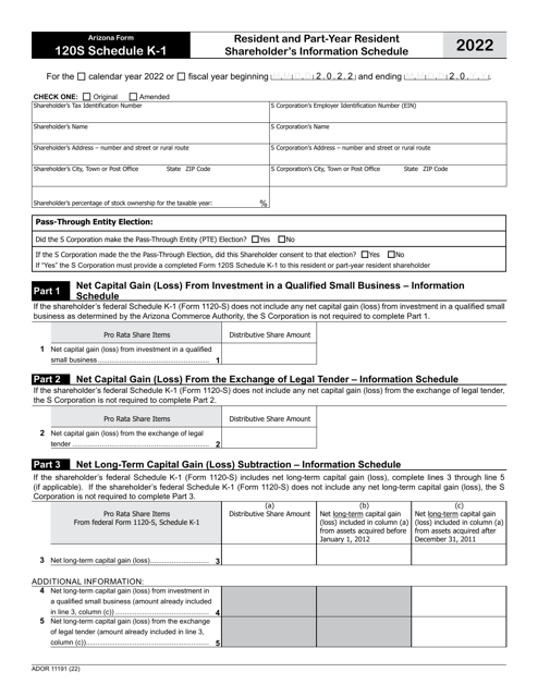 Arizona Form 120S (ADOR11191) Schedule K-1 Resident and Part-Year Resident Shareholder's Information Schedule - Arizona, 2022