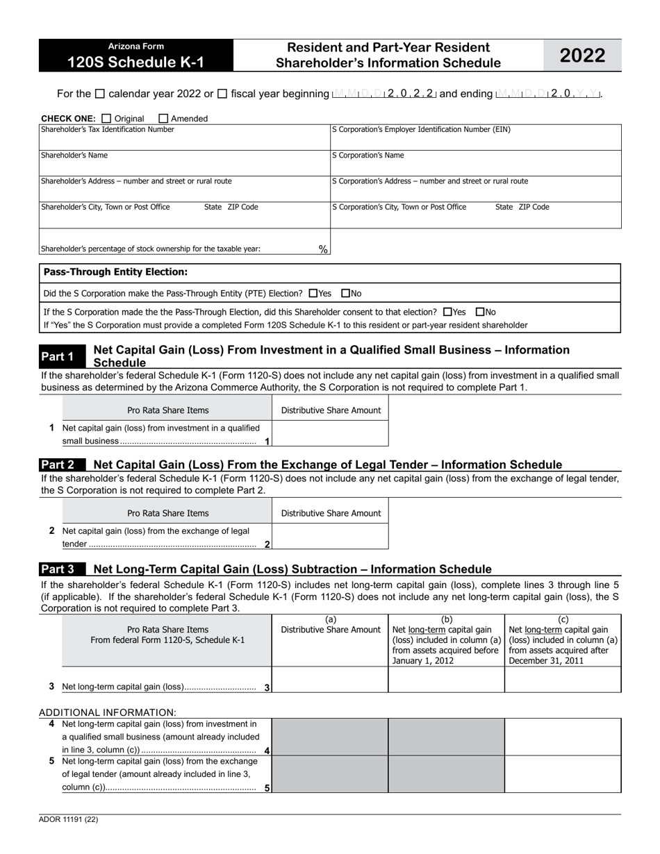 Arizona Form 120S (ADOR11191) Schedule K-1 Resident and Part-Year Resident Shareholders Information Schedule - Arizona, Page 1