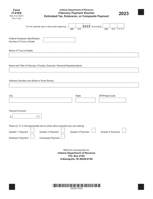 Form IT-41ES (State Form 50217) Fiduciary Payment Voucher - Estimated Tax, Extension, or Composite Payment - Indiana, 2023