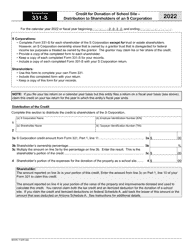 Document preview: Arizona Form 331-S (ADOR11329) Credit for Donation of School Site - Distribution to Shareholders of an S Corporation - Arizona, 2022