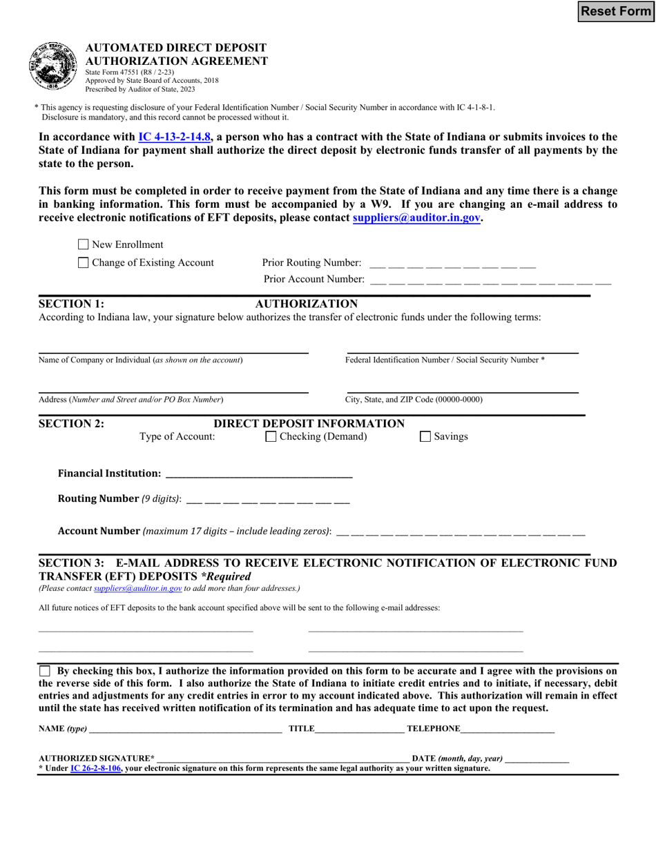 State Form 47551 Automated Direct Deposit Authorization Agreement - Indiana, Page 1