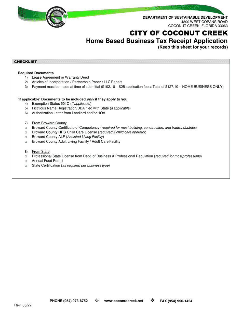 Home Based Business Tax Receipt Application - City of Coconut Creek, Florida, Page 1