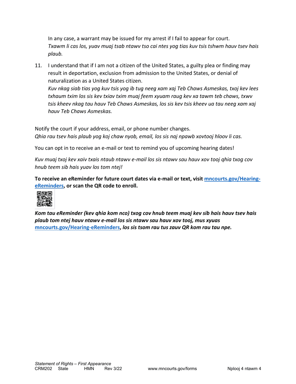 Form CRM202 First Appearance Statement of Rights - Minnesota (English / Hmong), Page 4