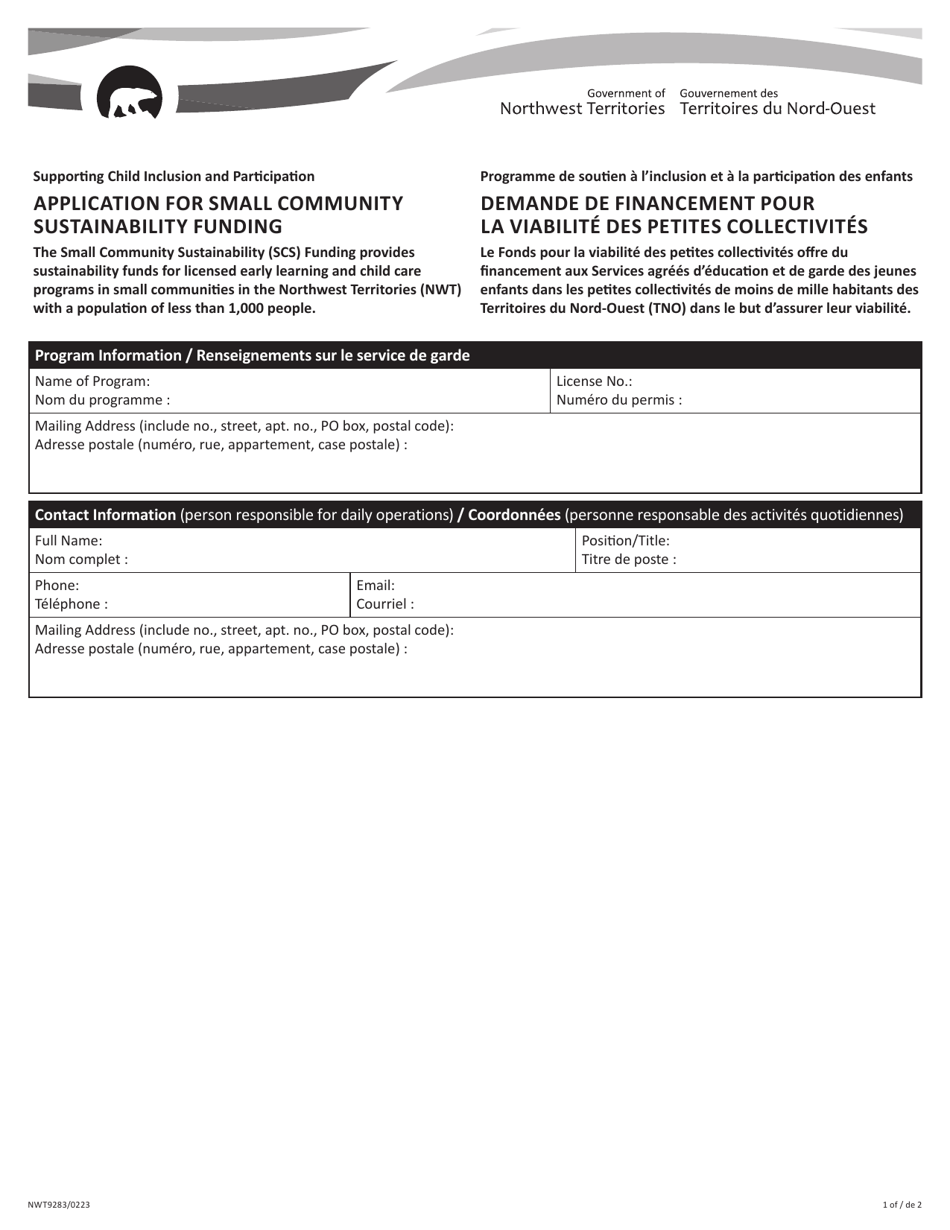 Form NWT9283 Application for Small Community Sustainability Funding - Northwest Territories, Canada (English / French), Page 1