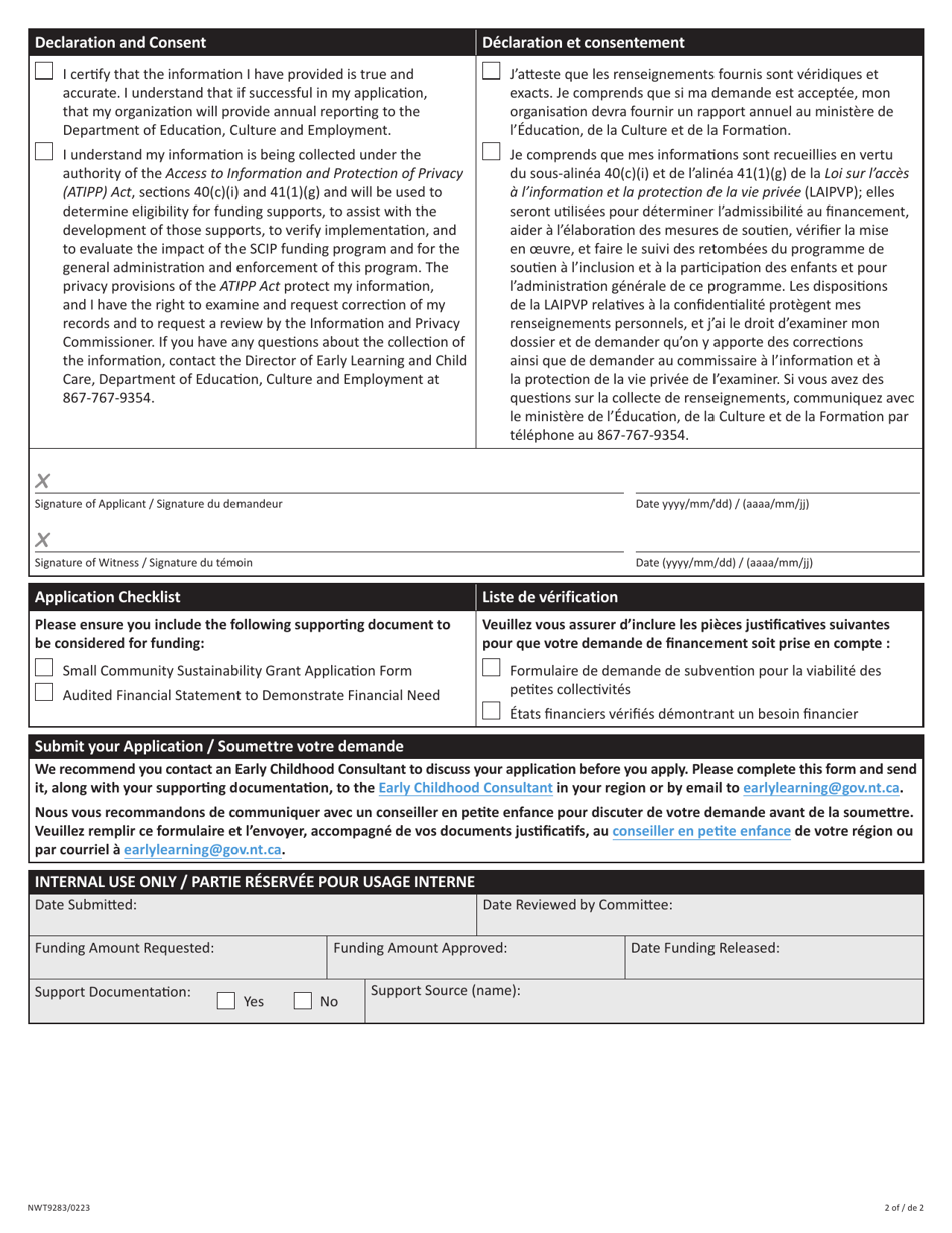 Form NWT9283 Application for Small Community Sustainability Funding - Northwest Territories, Canada (English / French), Page 2