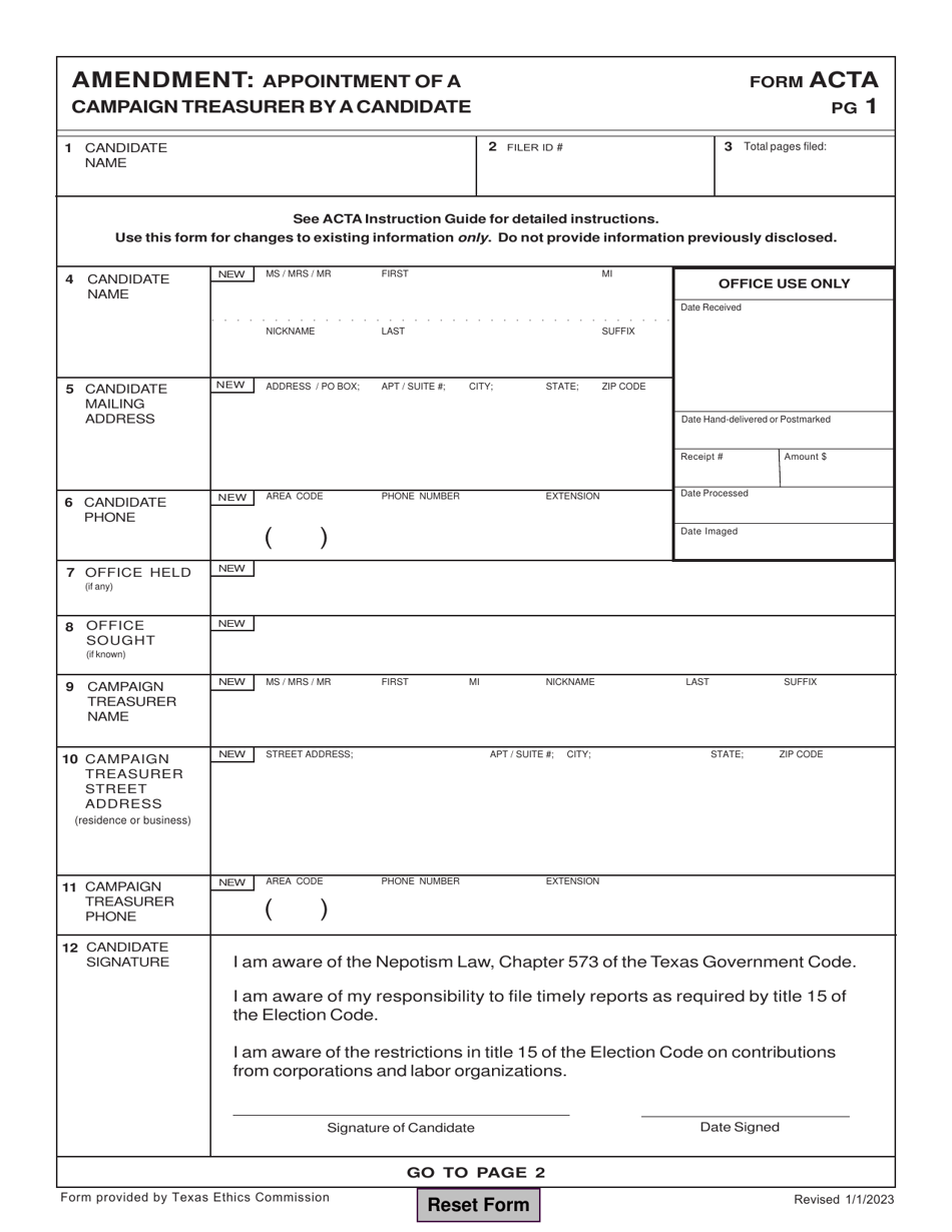 Form ACTA Amendment: Appointment of a Campaign Treasurer by a Candidate - Texas, Page 1