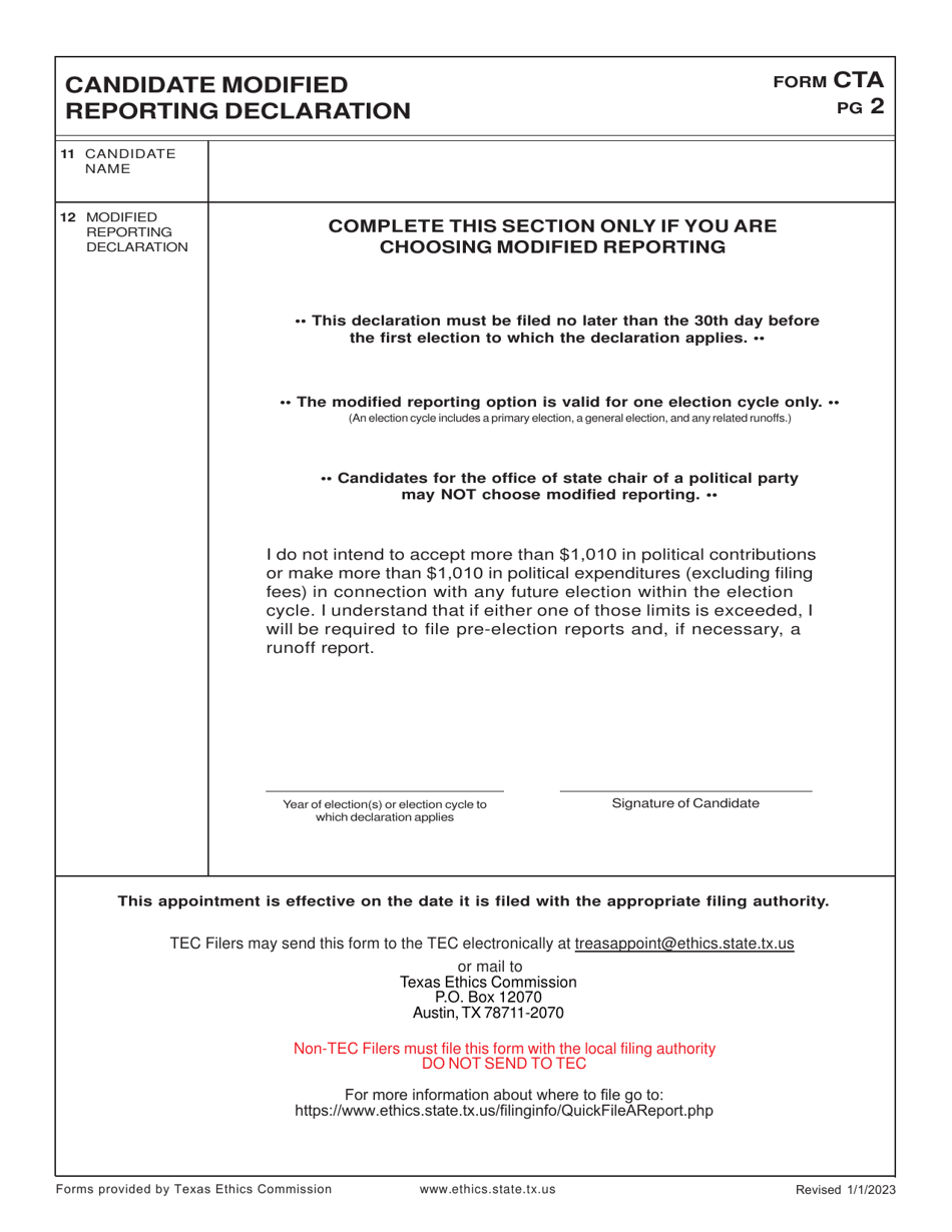 Form CTA Appointment of a Campaign Treasurer by a Candidate - Texas, Page 2
