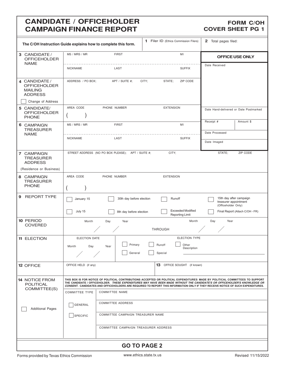 Form C / OH Candidate / Officeholder Campaign Finance Report - Texas, Page 1