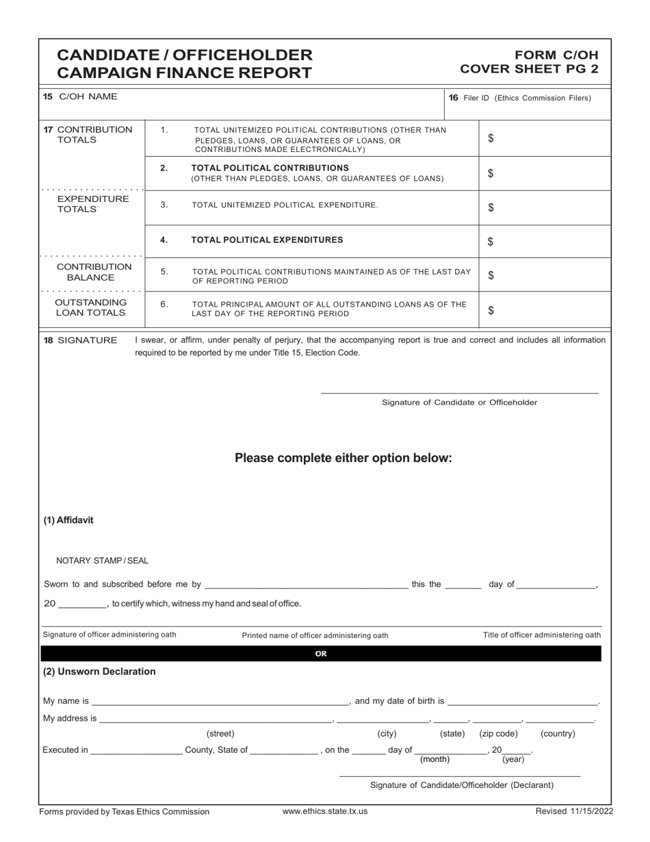 Form C / OH Candidate / Officeholder Campaign Finance Report - Texas, Page 2