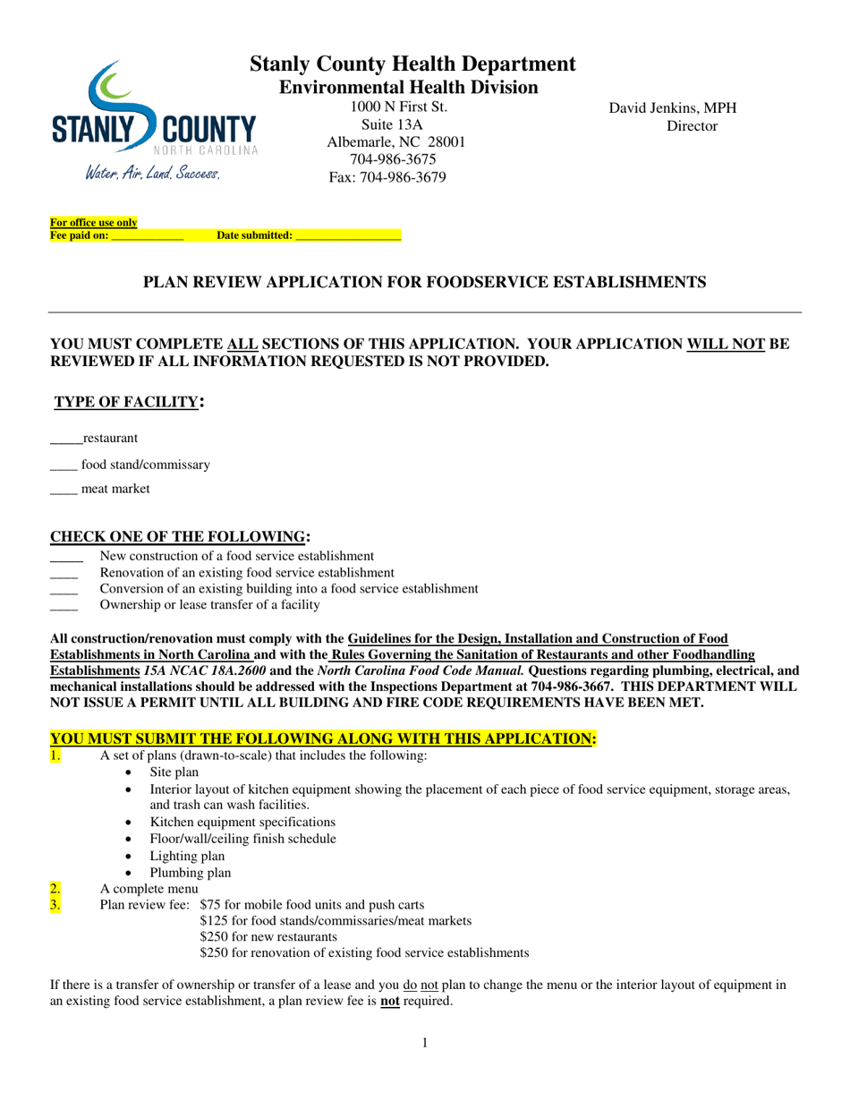 Plan Review Application for Foodservice Establishments - Stanly County, North Carolina, Page 1