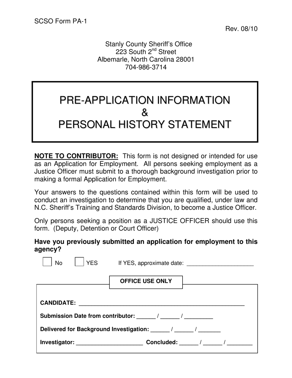 SCSO Form PA-1 Pre-application Information  Personal History Statement - Stanly County, North Carolina, Page 2