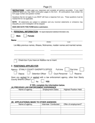 SCSO Form PA-1 Pre-application Information &amp; Personal History Statement - Stanly County, North Carolina, Page 3