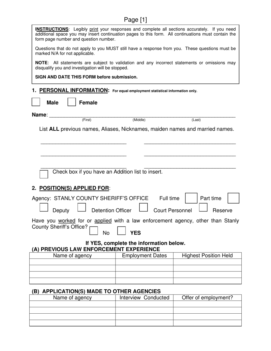 SCSO Form PA-1 Pre-application Information  Personal History Statement - Stanly County, North Carolina, Page 3