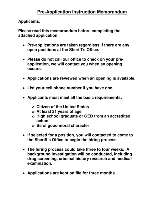 SCSO Form PA-1 Pre-application Information & Personal History Statement - Stanly County, North Carolina