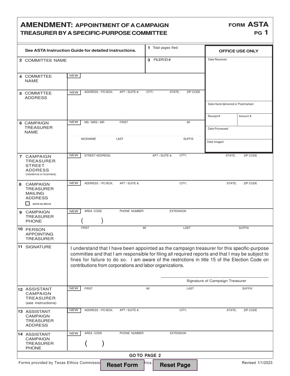 Form ASTA Amendment: Appointment of a Campaign Treasurer by a Specific-Purpose Committee - Texas, Page 1