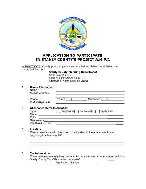 Application to Participate in Stanly County's Project a.m.p.i. - Stanly County, North Carolina Download Pdf