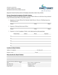 Document preview: Code Complaint Form - Minimum Housing/High Grass - Stanly County, North Carolina
