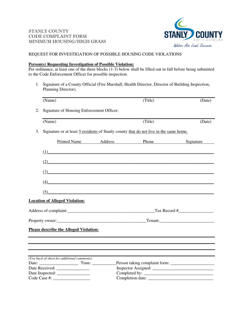 Code Complaint Form - Minimum Housing / High Grass - Stanly County, North Carolina Download Pdf