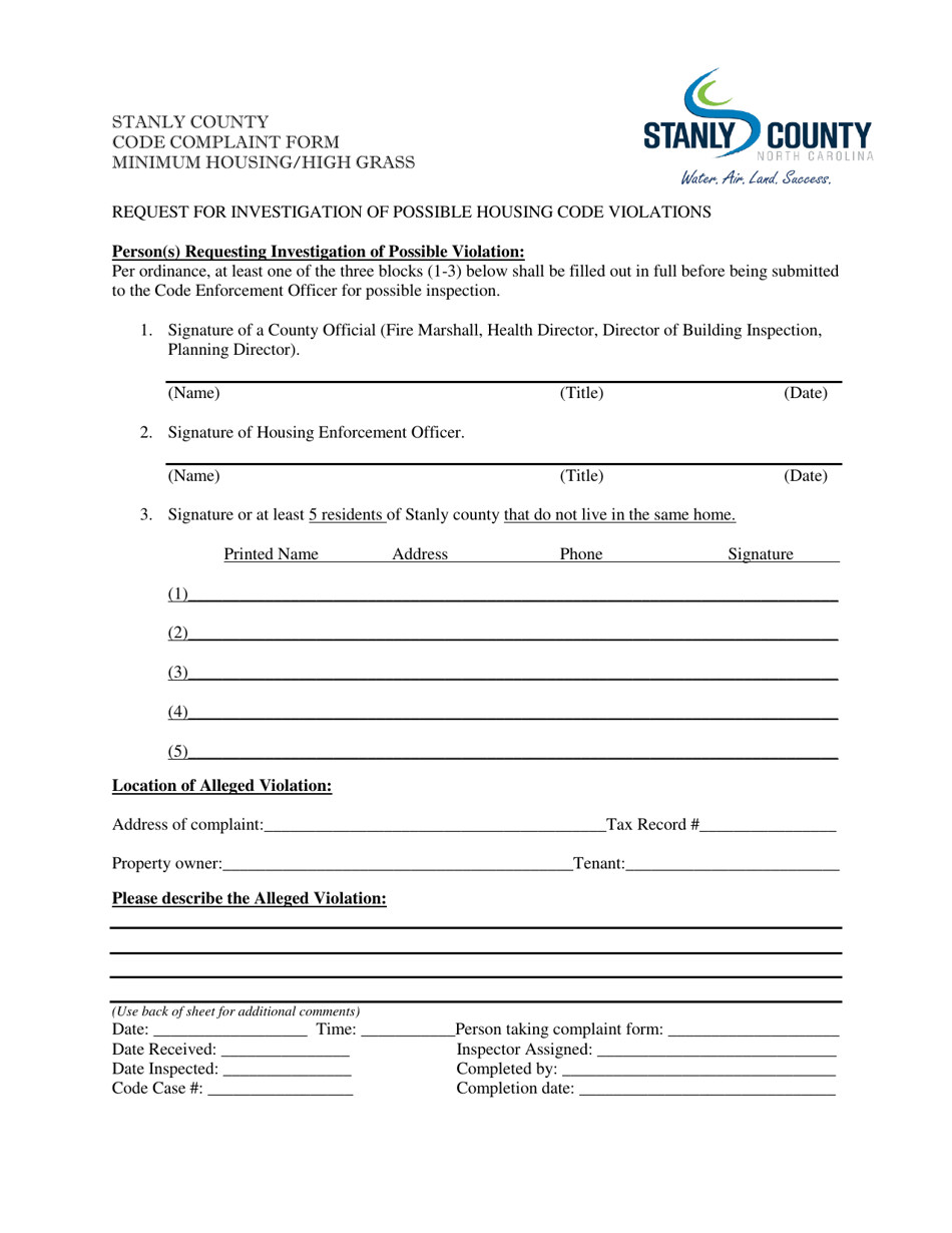Code Complaint Form - Minimum Housing / High Grass - Stanly County, North Carolina, Page 1