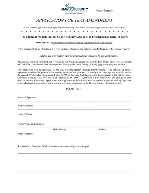 Application for Text Amendment - Stanly County, North Carolina