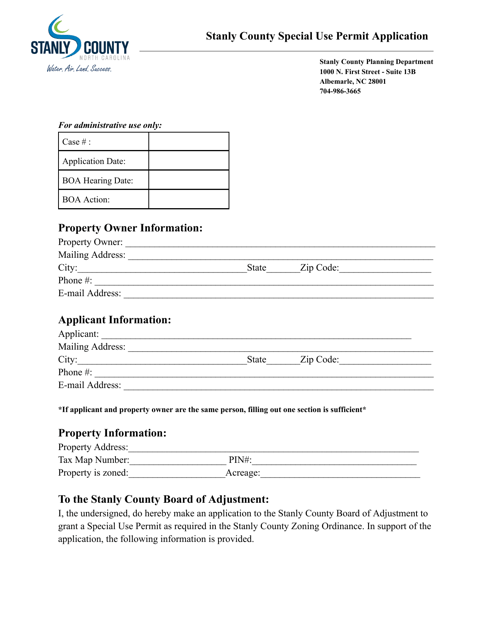 Special Use Permit Application - Stanly County, North Carolina Download Pdf