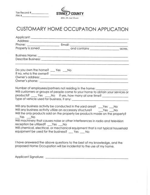 Customary Home Occupation Application - Stanly County, North Carolina