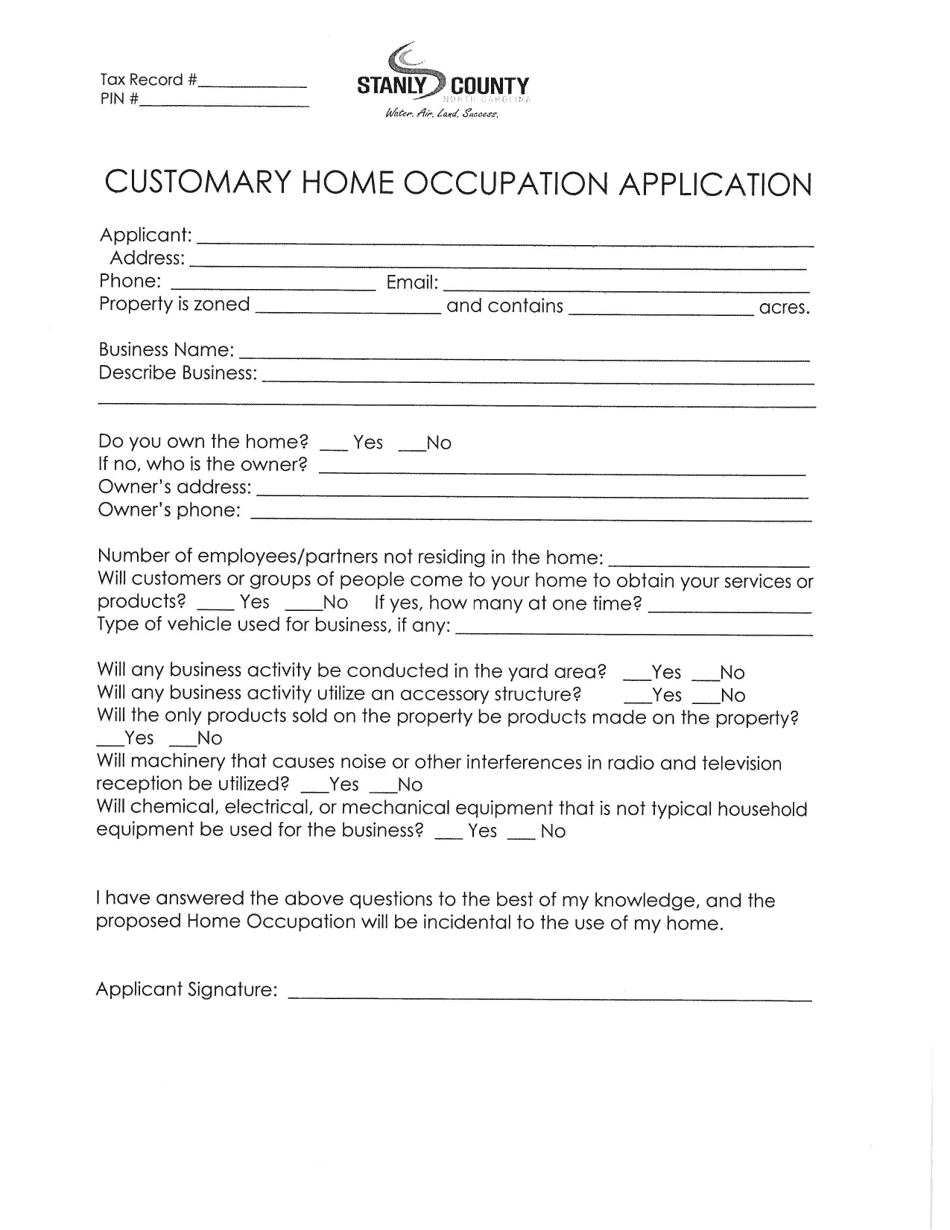 Stanly County, North Carolina Customary Home Occupation Application