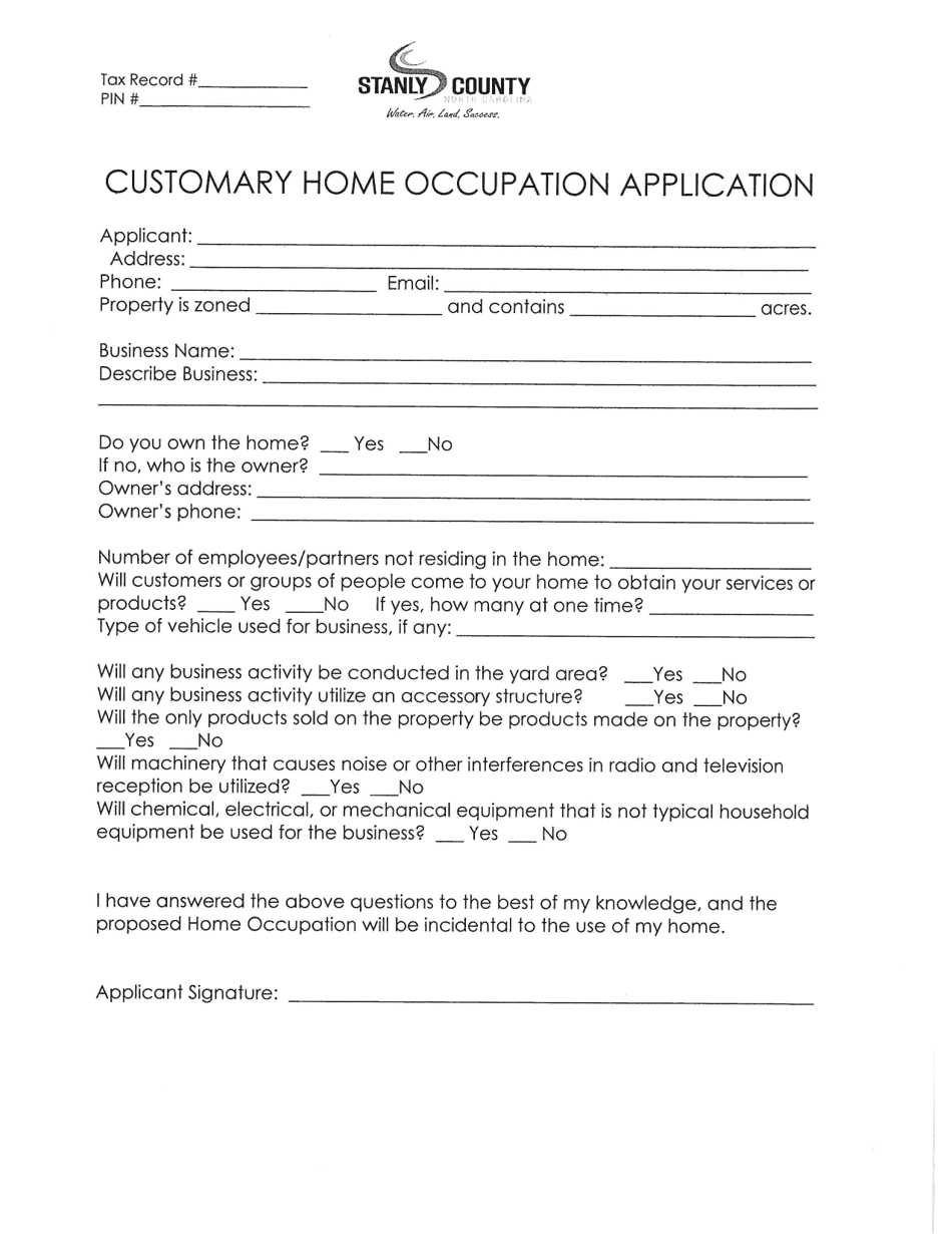 Customary Home Occupation Application - Stanly County, North Carolina, Page 1