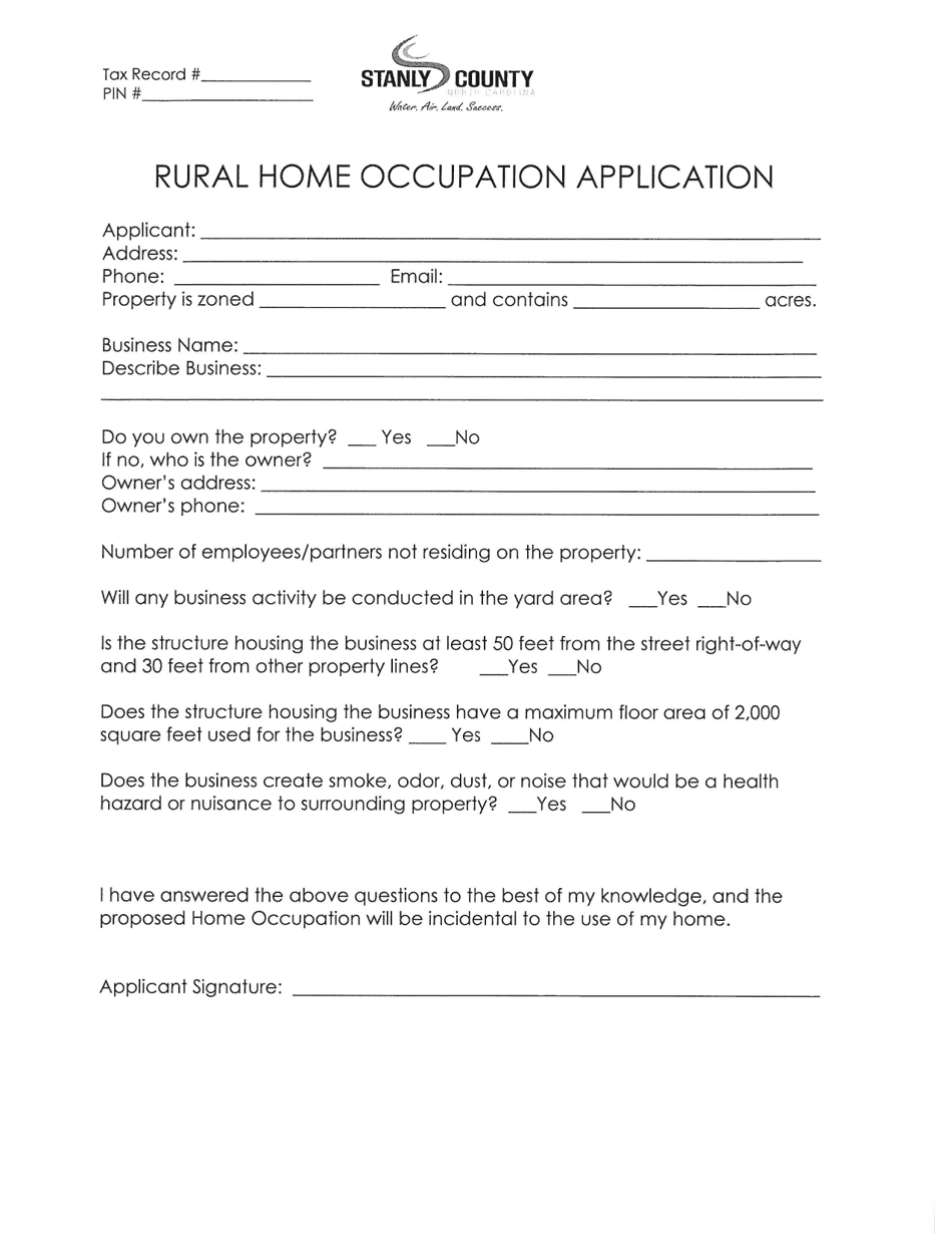 Rural Home Occupation Application - Stanly County, North Carolina, Page 1