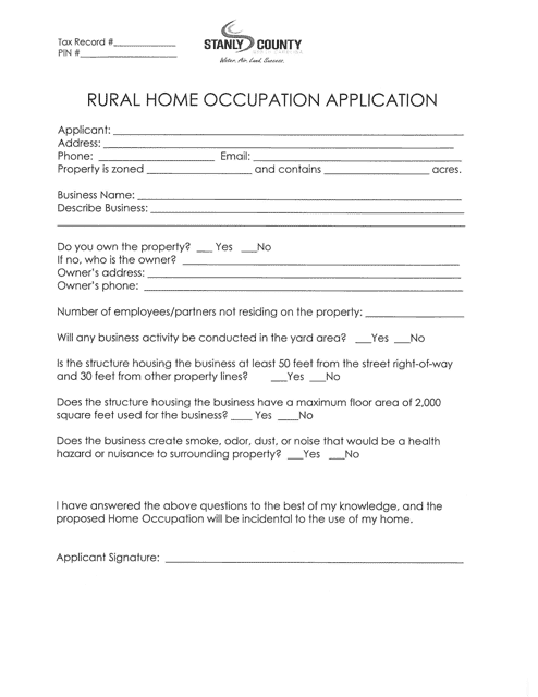 Rural Home Occupation Application - Stanly County, North Carolina Download Pdf