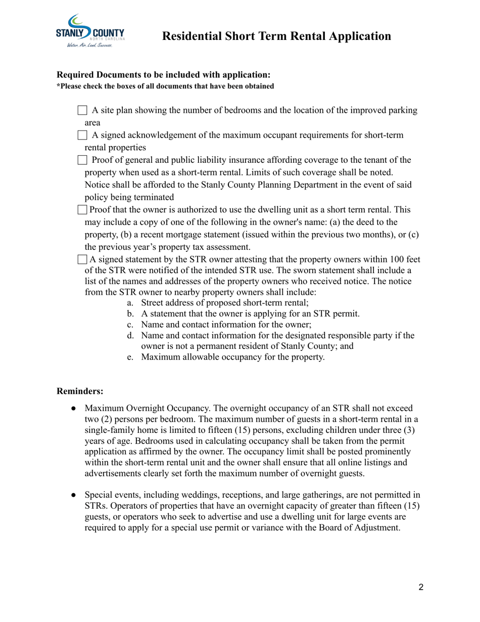 Residential Short Term Rental Application - Stanly County, North Carolina, Page 2