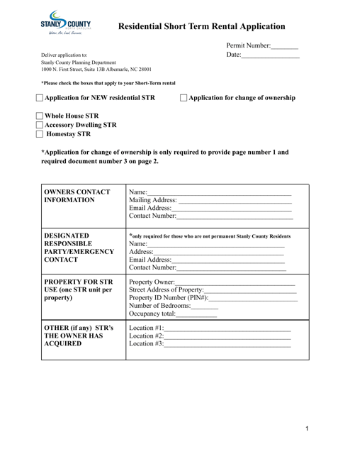 Residential Short Term Rental Application - Stanly County, North Carolina Download Pdf