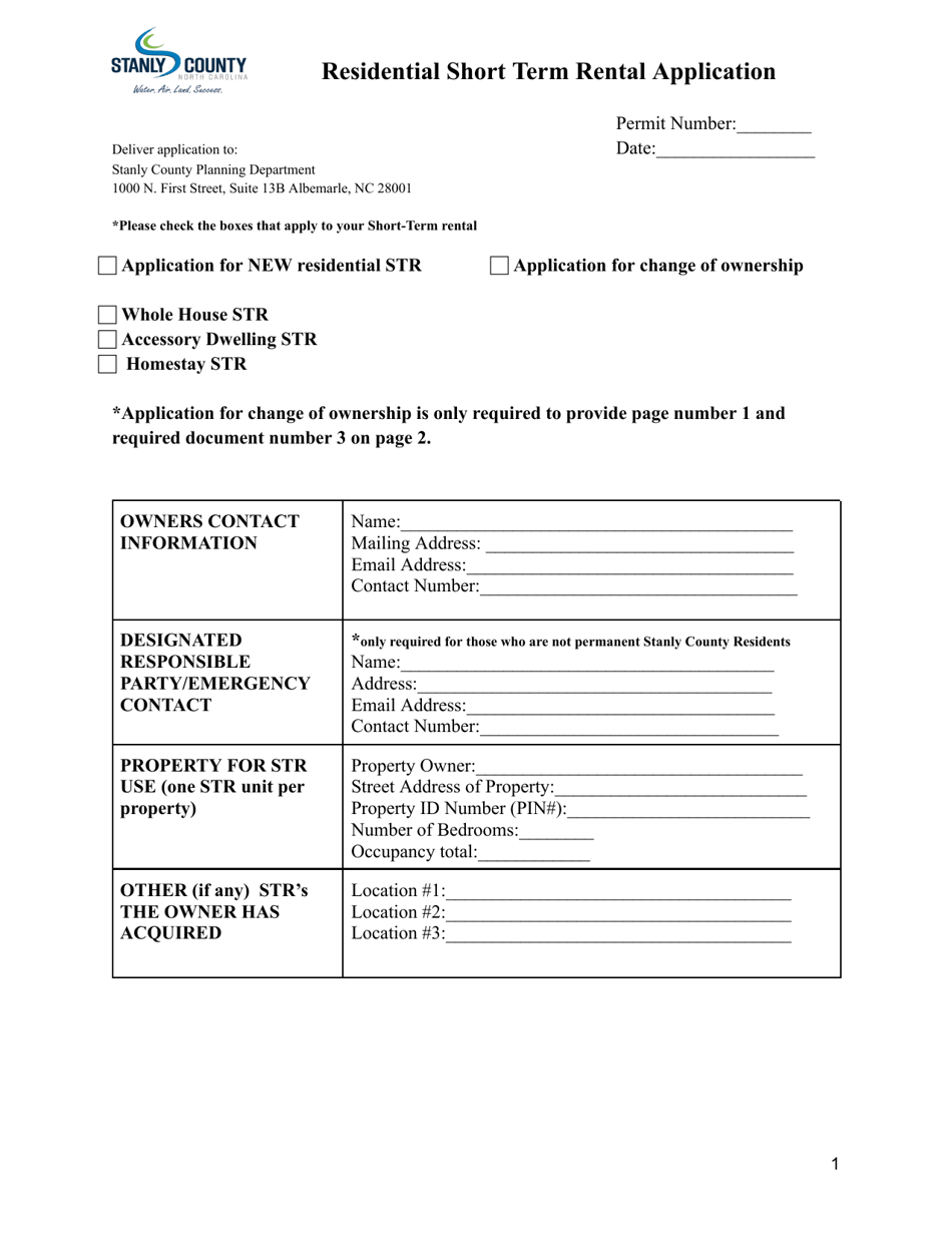 Stanly County, North Carolina Residential Short Term Rental Application
