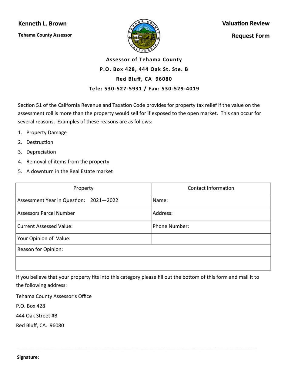 Valuation Review Request Form - Tehama County, California, Page 1