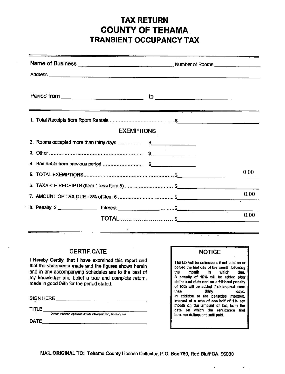County of Tehama, California Transient Occupancy Tax Fill Out, Sign