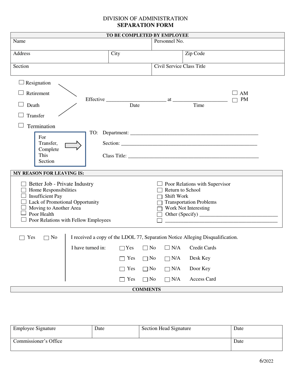 Louisiana Separation Form Download Fillable PDF | Templateroller