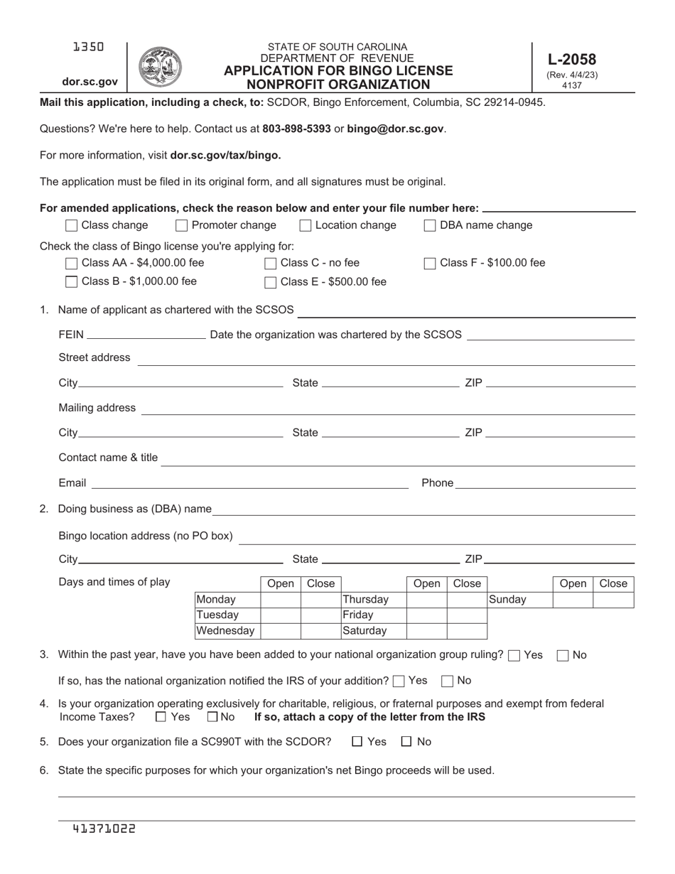 Form L2058 Download Printable PDF or Fill Online Application for Bingo