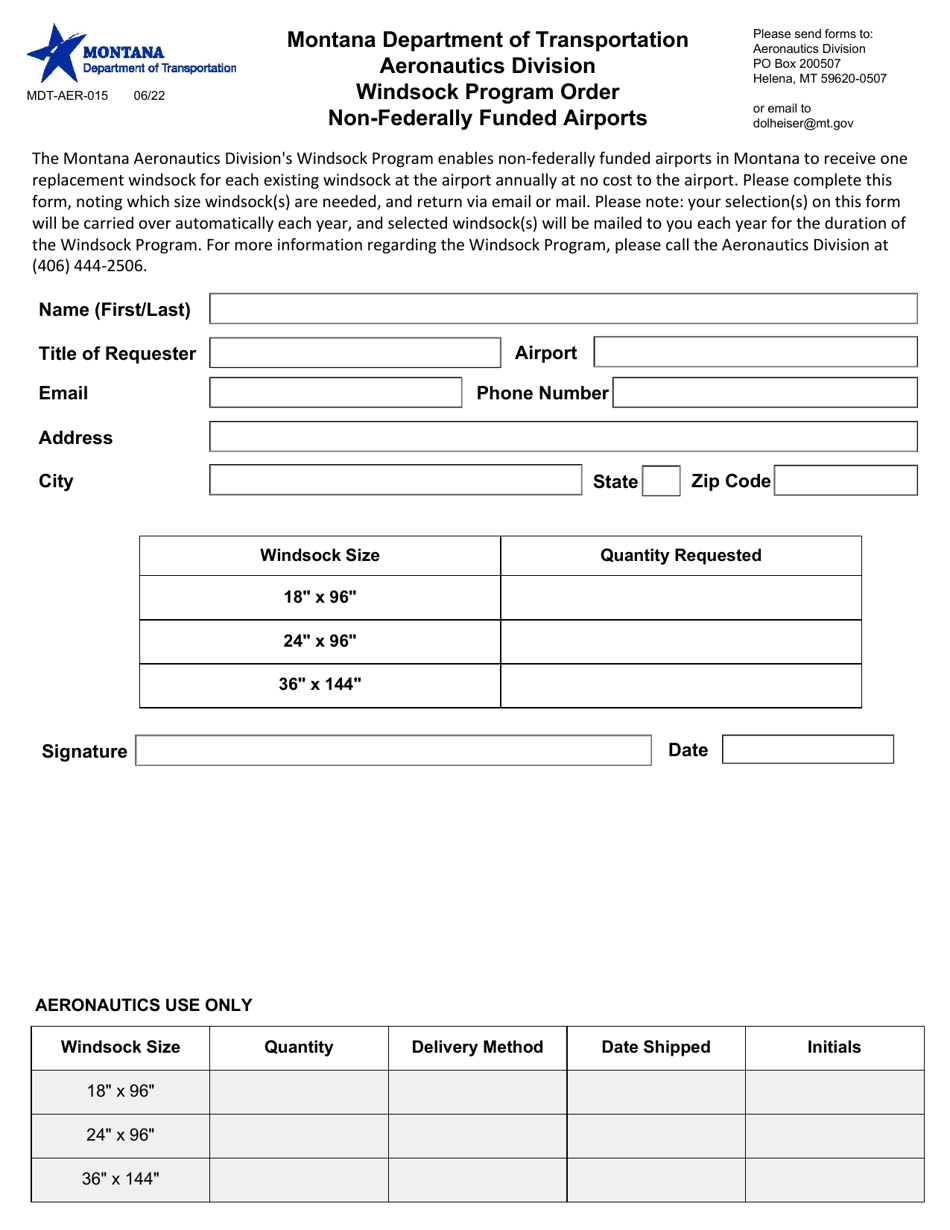 Form MDT-AER-015 Windsock Program Order - Non-federally Funded Airports - Montana, Page 1