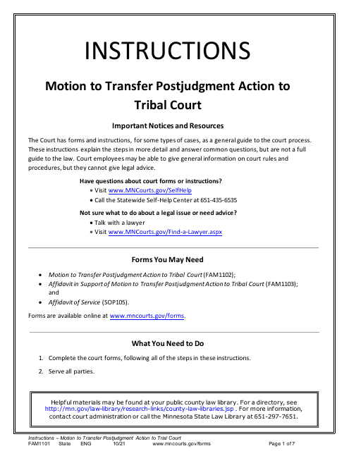 Form FAM1101 Instructions - Motion to Transfer Postjudgment Action to Tribal Court - Minnesota