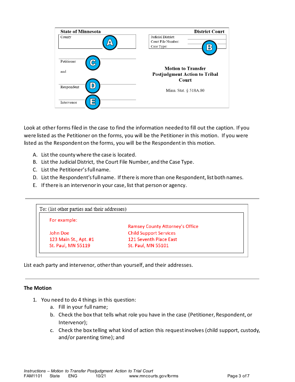Form FAM1101 Instructions - Motion to Transfer Postjudgment Action to Tribal Court - Minnesota, Page 3