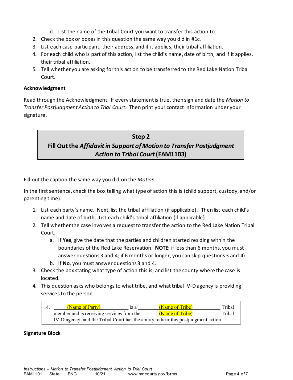 Form FAM1101 Instructions - Motion to Transfer Postjudgment Action to Tribal Court - Minnesota, Page 4