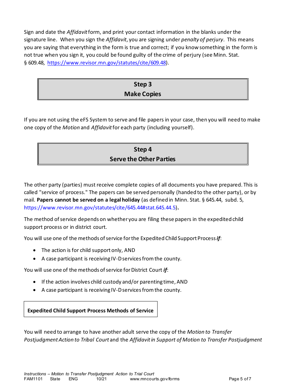 Form FAM1101 Instructions - Motion to Transfer Postjudgment Action to Tribal Court - Minnesota, Page 5