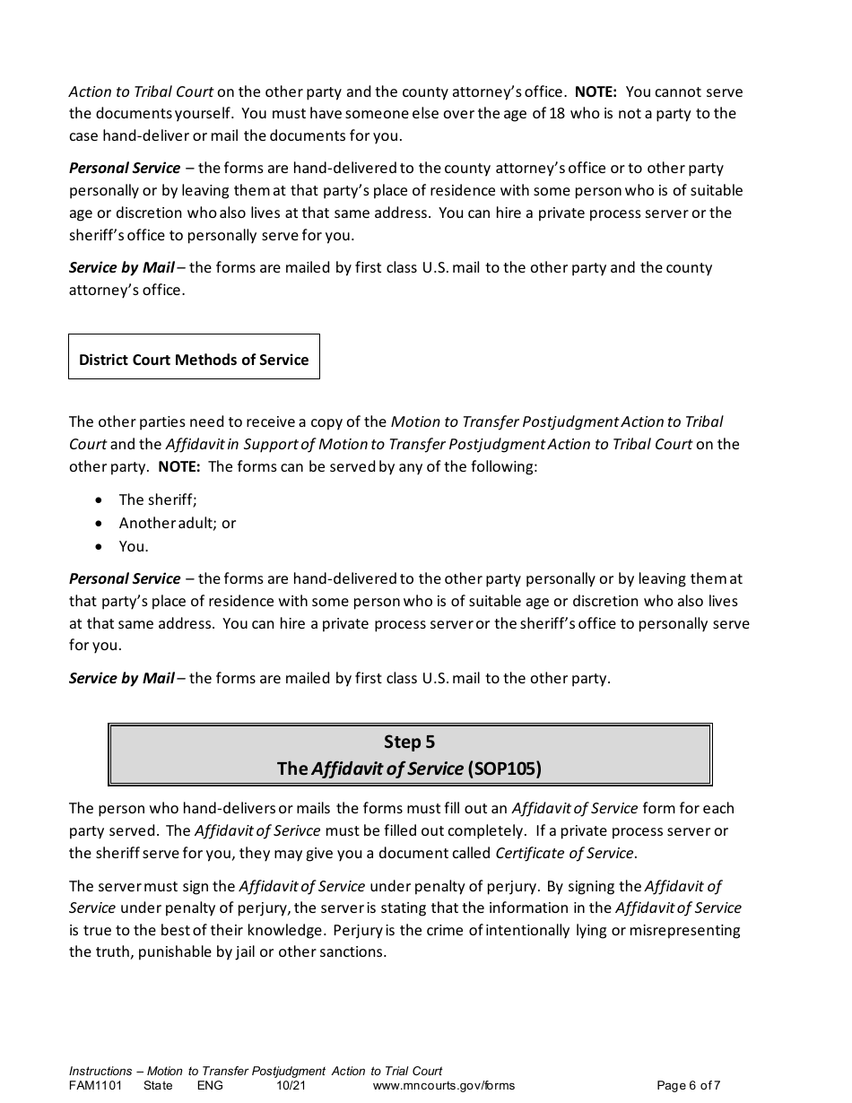 Form FAM1101 Instructions - Motion to Transfer Postjudgment Action to Tribal Court - Minnesota, Page 6