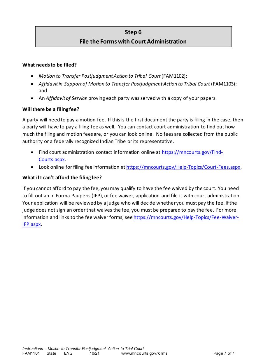 Form FAM1101 Instructions - Motion to Transfer Postjudgment Action to Tribal Court - Minnesota, Page 7