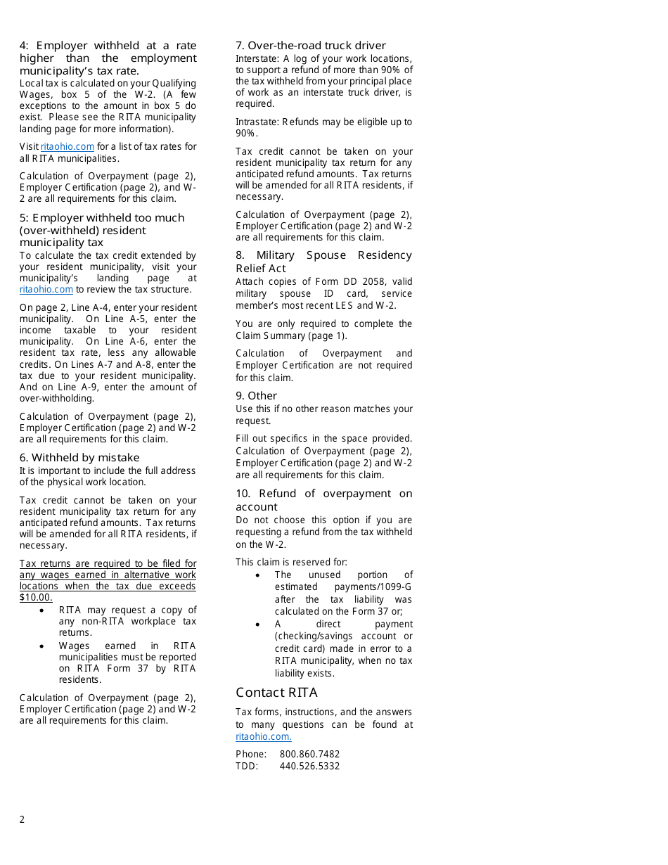 Instructions for Form 10A Application for Municipal Income Tax Refund - Ohio, Page 2